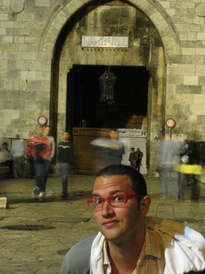 posing in front of Jerusalem's old gate